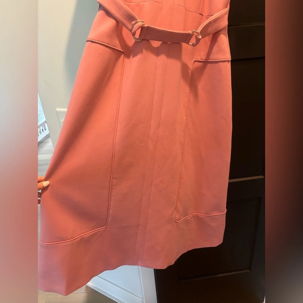 KAREN MILLEN Compact Stretch Tab Detail Full Skirted Midi Dress Dusty Pink NWT - Picture 7 of 15